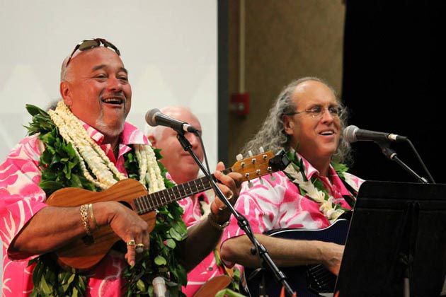 Pili onstage with Kumu Pekelo Day at the George Na‘ope Hula Festival